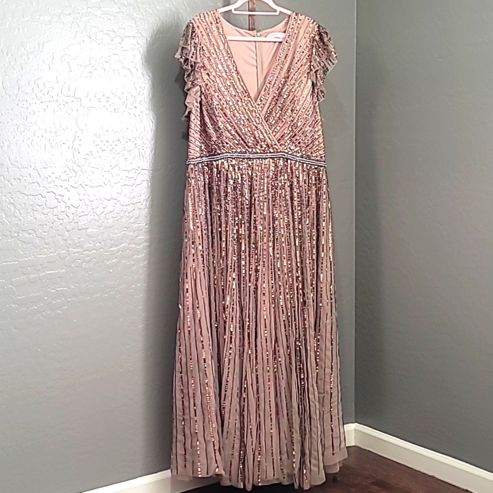 SEQUINED WRAP OVER RUFFLED CAP SLEEVE GOWN